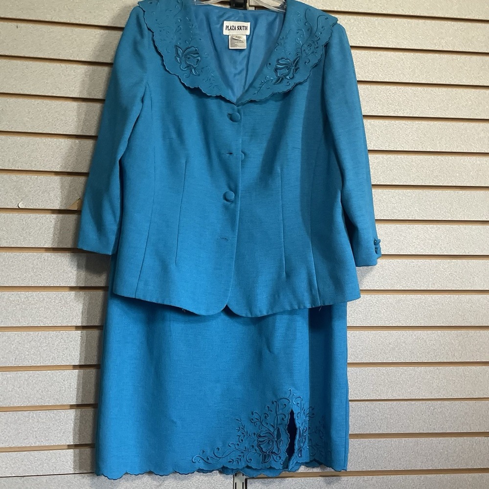 VTG Plaza South‎ Bright Blue 2 Pc Skirt Suit Blazer Women's Sz 16 Embroidered